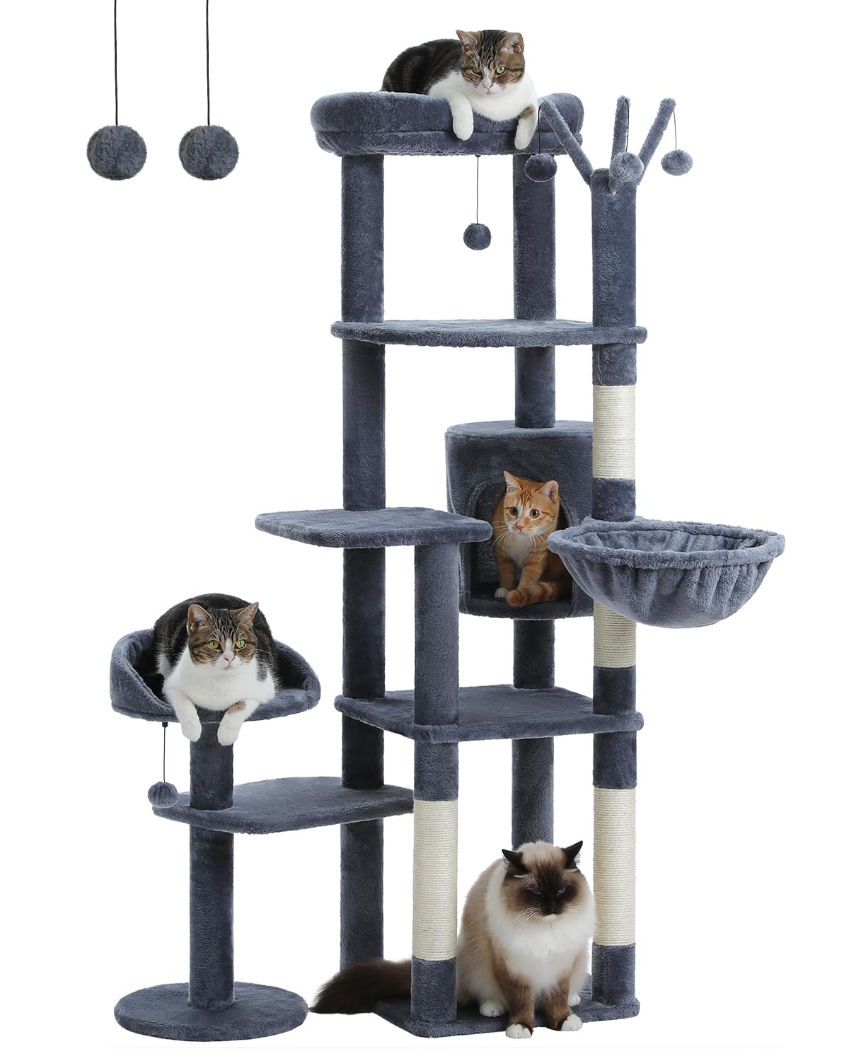 MUTTROS 59" Tall Cat Tree for Large Cat Multi-Level Cat Tower with 3 Removable Pompom Sticks Cat Tree for Indoor Cats Cat Condo with Large Hammock Scratching Post and 2 Perches Dark Grey