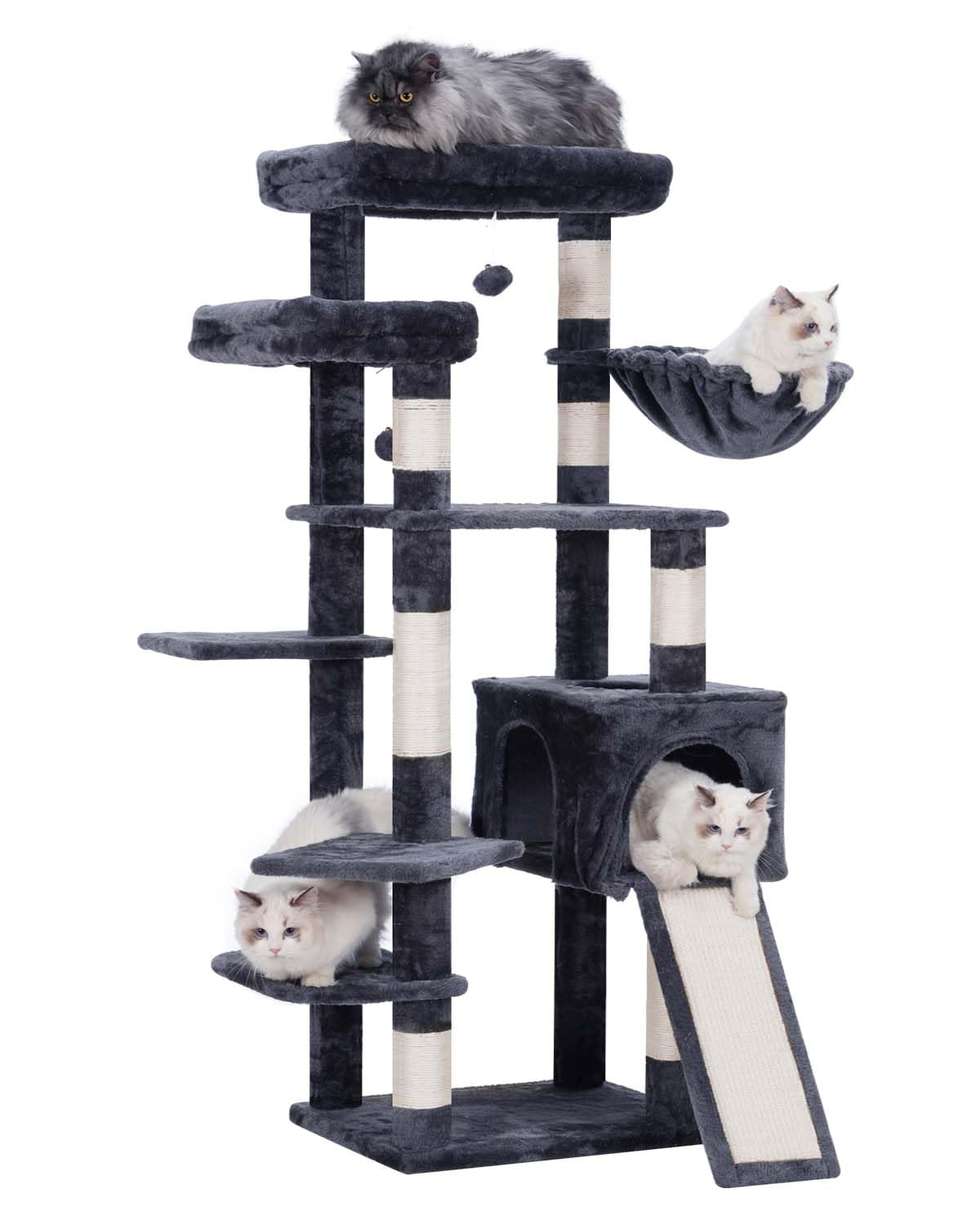 Hey-brother Cat Tree for Indoor Cats 62.6" Cat Tower with Scratching Post Cat Condo with Two Large Platforms Hammock Big Scratcher Smoky Gray MPJ029G