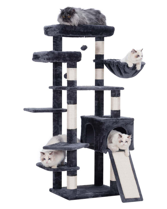 Hey-brother Cat Tree for Indoor Cats 62.6" Cat Tower with Scratching Post Cat Condo with Two Large Platforms Hammock Big Scratcher Smoky Gray MPJ029G