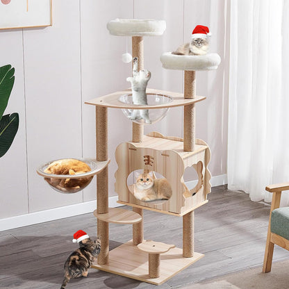 Wood Cat TreeModern Cat Tree for Large Cat Wood Cat Tower with Scratch Post for Indoor Big Cats 54" Extra Tall Cat Condo Sturdy with Clear Bowl Hammock for Kittens (Style 06)