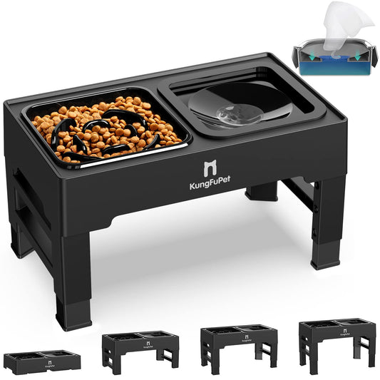 KungFuPet Elevated Dog Bowls 2-in-1 Raised Slow Feeder Dog Bowls Stand with Anti Spill Non-Skid No Shaking Water Bowl 4 Height for Large Medium Dogs[Upgrade Version]