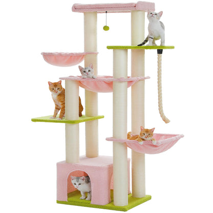 PAWZ Road Large Cat Tree 67 Inches Cat Tower for Indoor Cats with 13 Thick Fully-Wrapped Scratching Posts Multi-Level Cat Condo Super Large Perch & Hammocks for Adult Cats 20 lbs-Pink