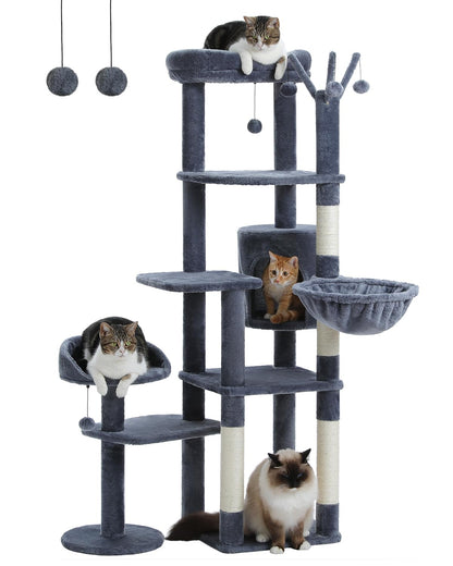 MUTTROS 59" Tall Cat Tree for Large Cat Multi-Level Cat Tower with 3 Removable Pompom Sticks Cat Tree for Indoor Cats Cat Condo with Large Hammock Scratching Post and 2 Perches Dark Grey