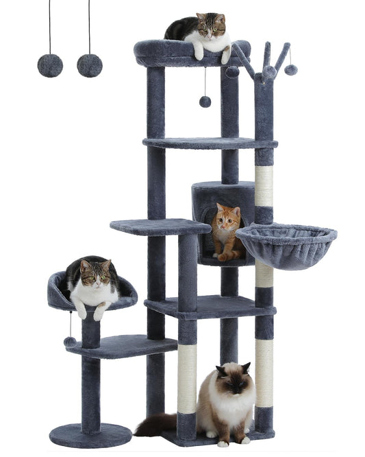 MUTTROS 59" Tall Cat Tree for Large Cat Multi-Level Cat Tower with 3 Removable Pompom Sticks Cat Tree for Indoor Cats Cat Condo with Large Hammock Scratching Post and 2 Perches Dark Grey